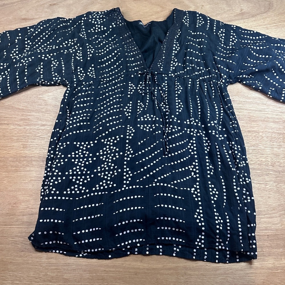 Zara Womens Large Black White Boho Tunic Top Tie Neck 3/4 Sleeve